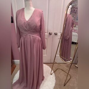 Wedding party or attendee Mauve Long Sleeve V-Neck Chiffon Evening Dress